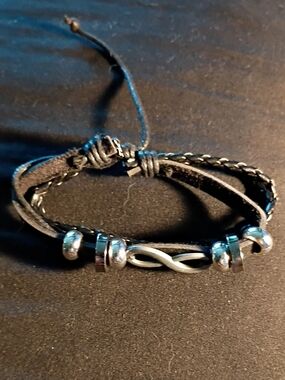 Black Leather Infinity Bracelet with Silver Accents